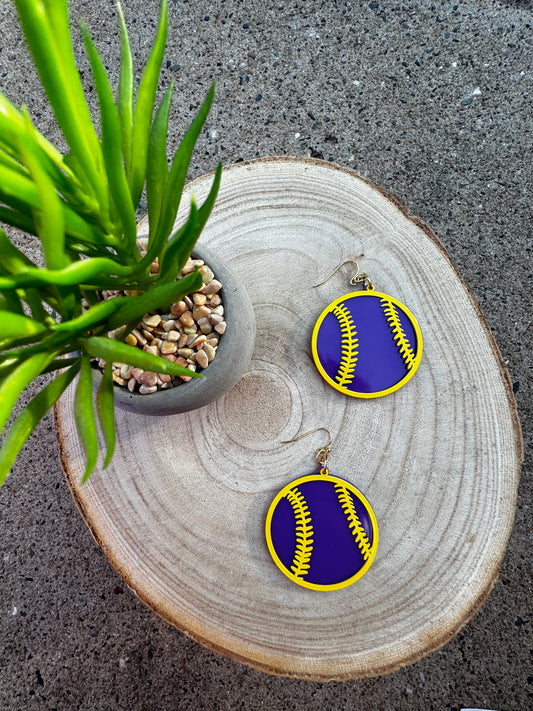 Purple and Gold Baseball Dangle Earrings