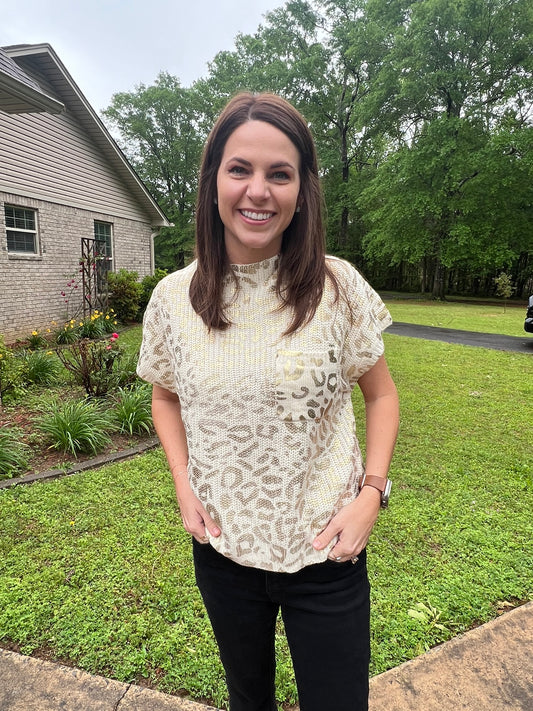 Metallic Leopard Print Top with Pocket