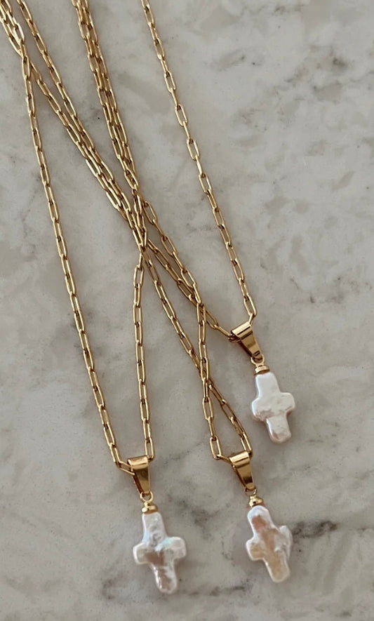 Dainty Pearl Cross Necklace